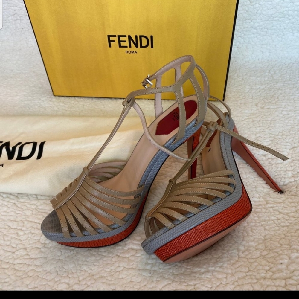 Fendi high heel shoes size 9.5 Tan with light blue and red heel